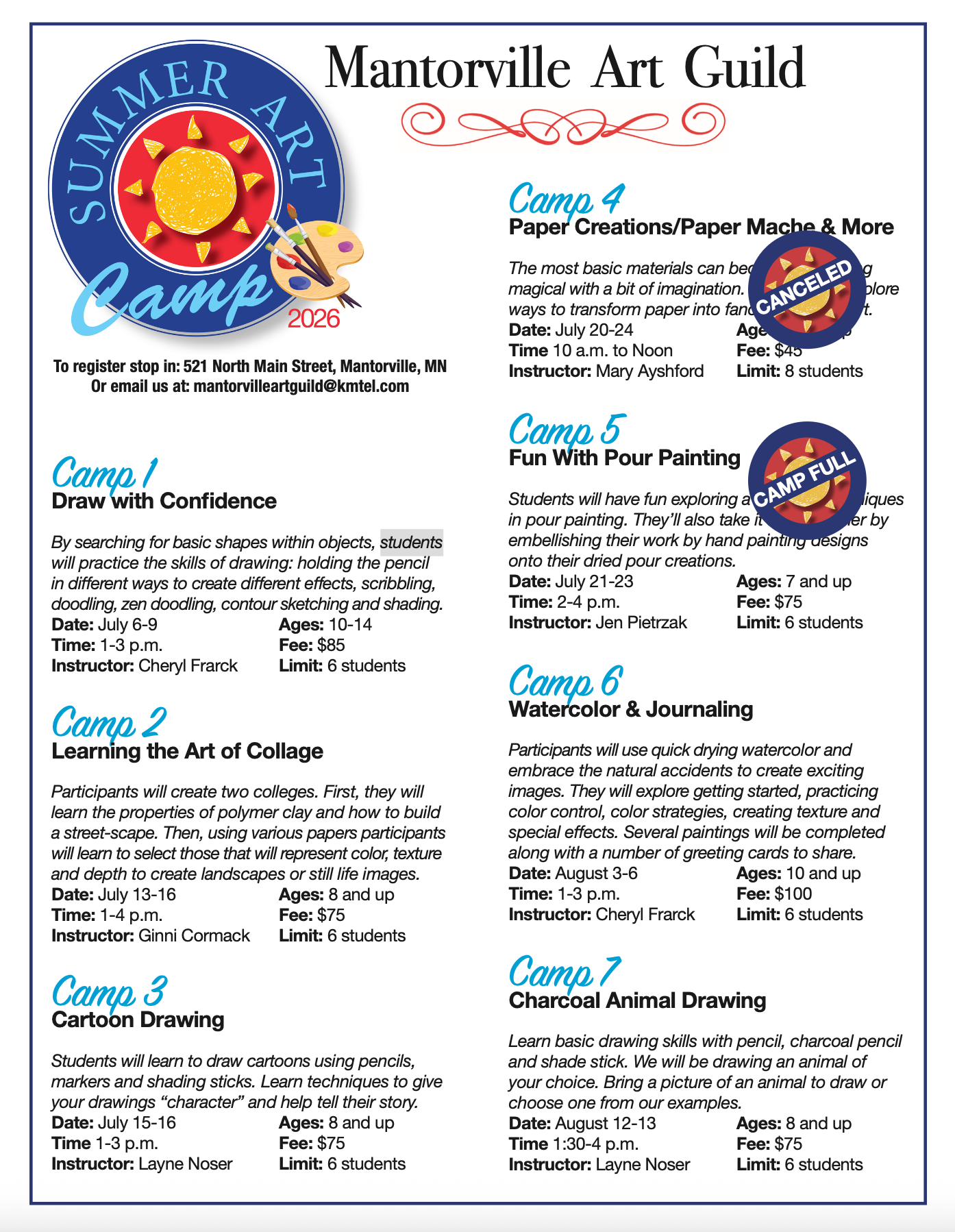 Mantorville Art Guild Summer Camp list